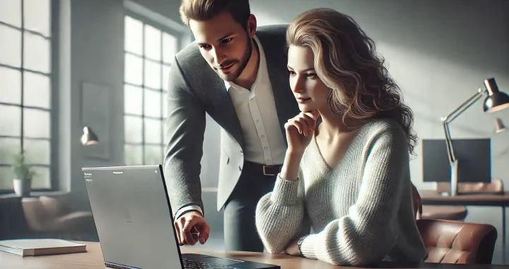 a man standing behind a woman sitting at a desk, showing her something on a laptop screen.