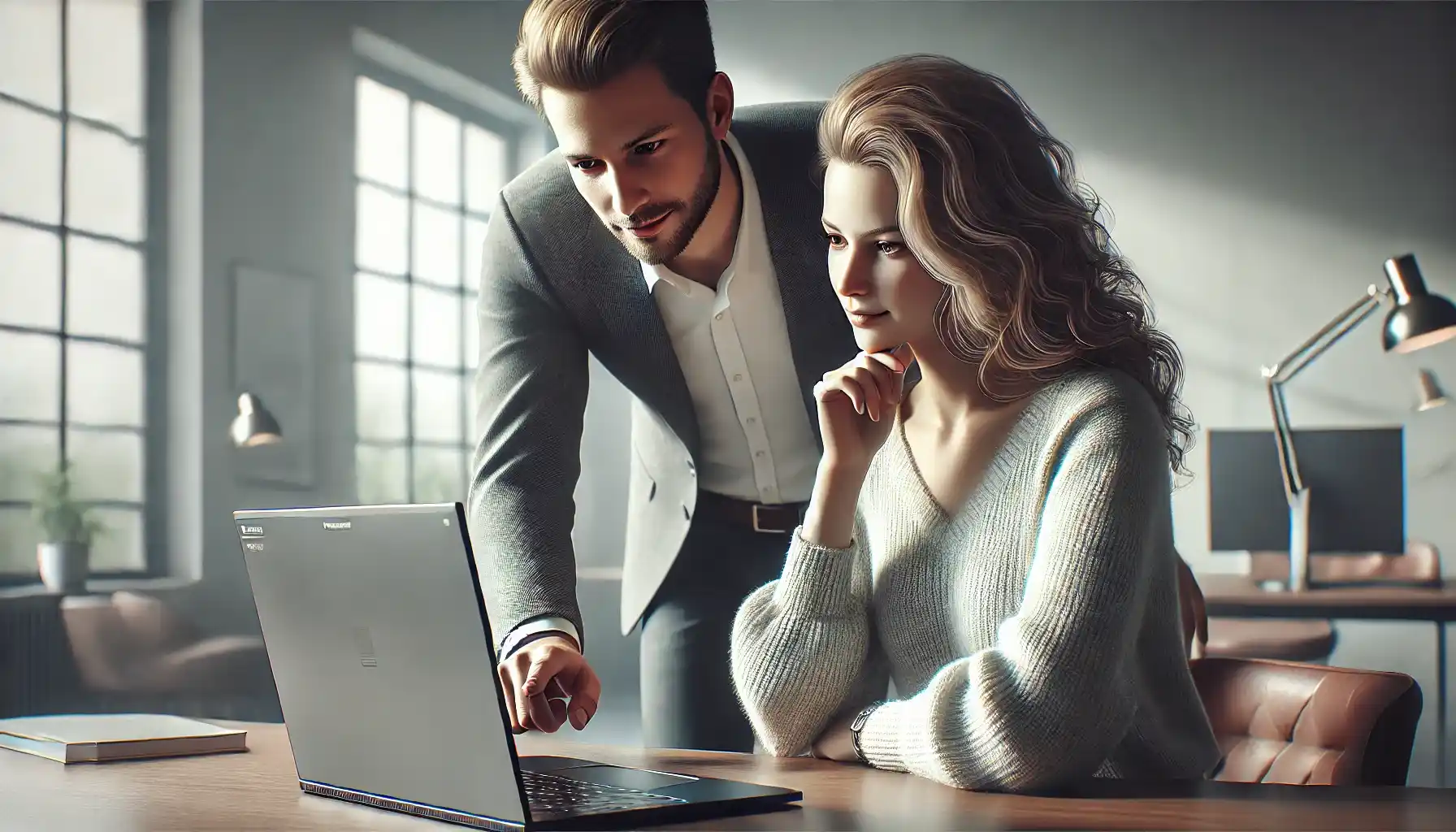 a man standing behind a woman sitting at a desk, showing her something on a laptop screen.