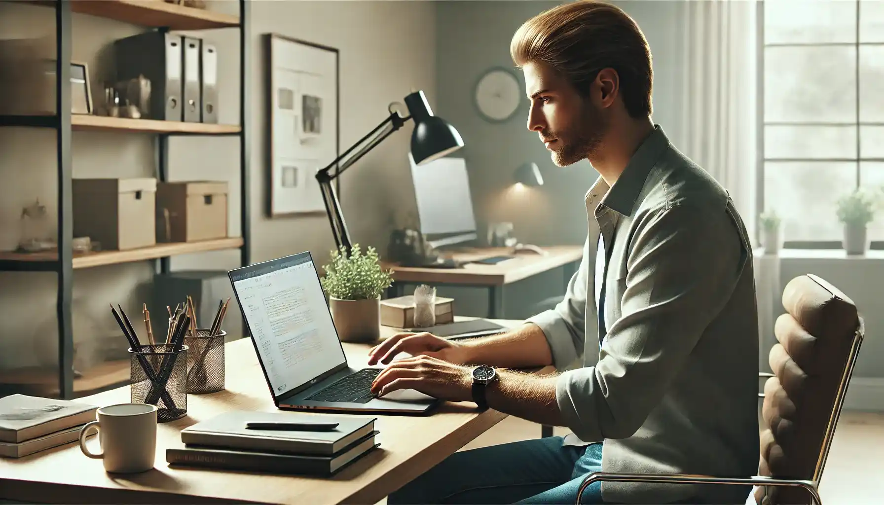 a young man working on his laptop in a modern office