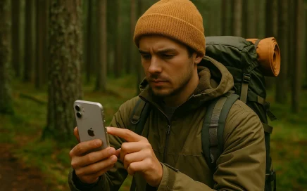 A hiker checks his phone deep in the forest, unaware that GPS still works despite the "No Service" warning.