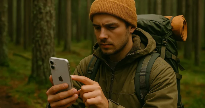A hiker checks his phone deep in the forest, unaware that GPS still works despite the "No Service" warning.