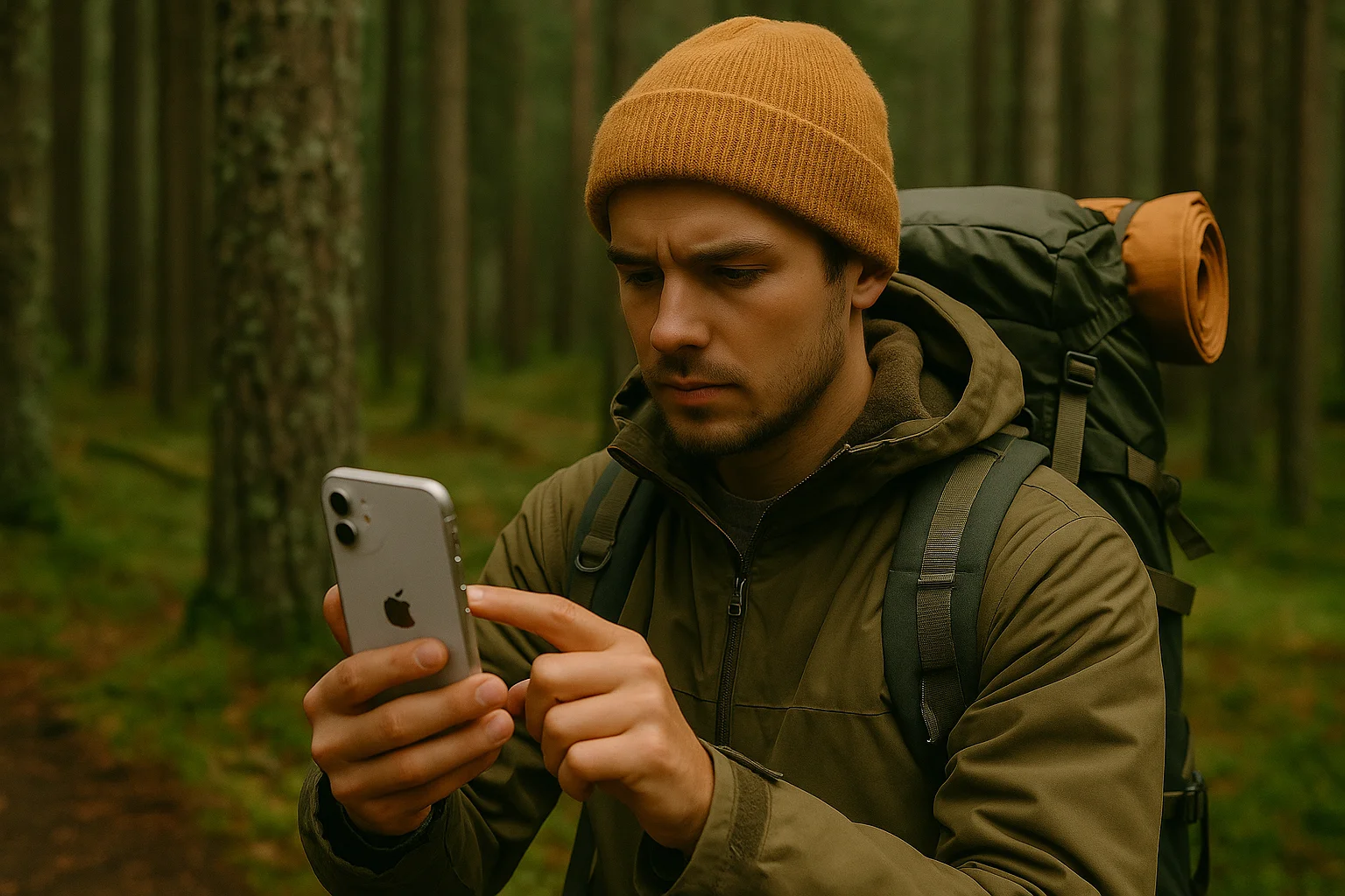 A hiker checks his phone deep in the forest, unaware that GPS still works despite the "No Service" warning.
