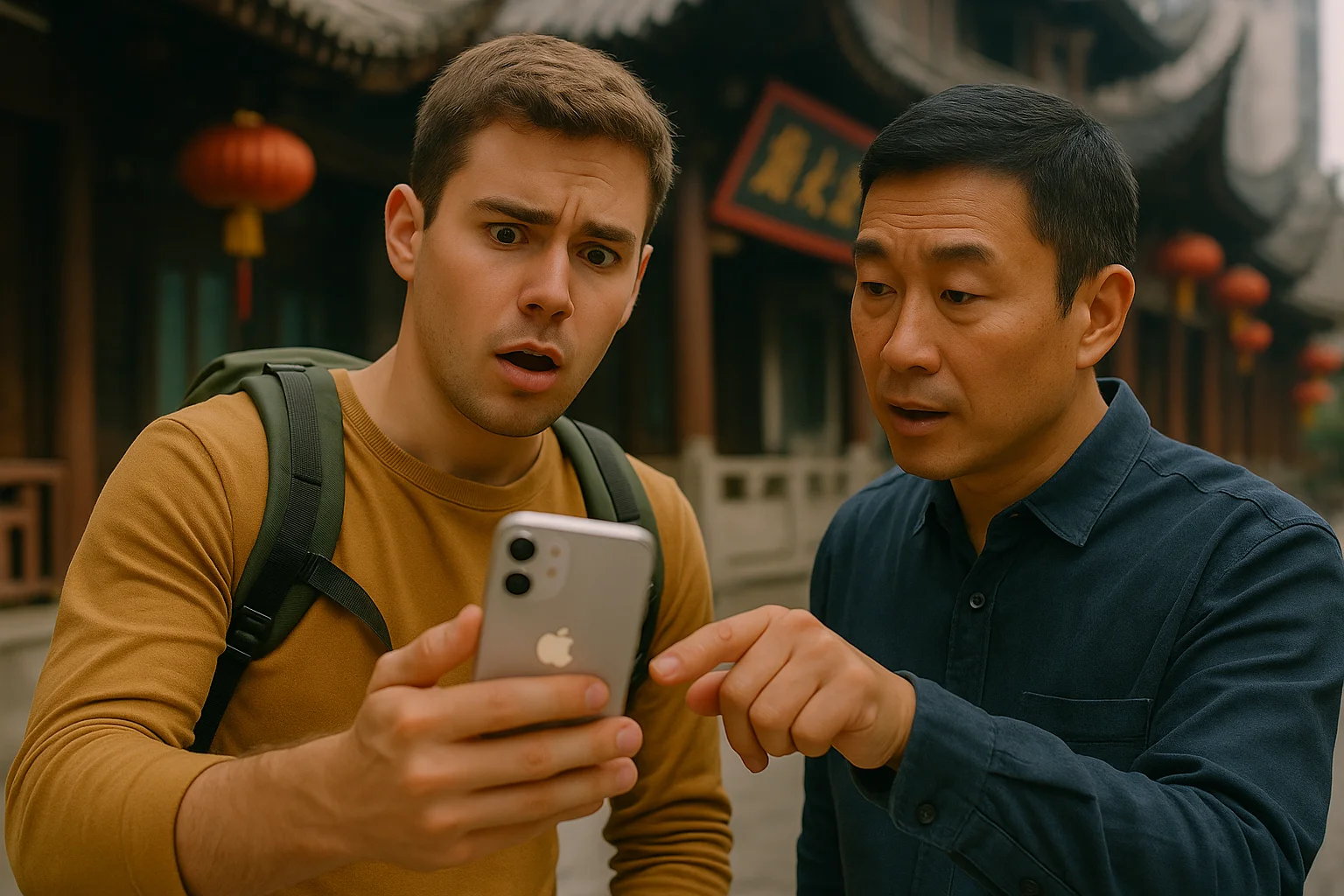 In a bustling Chinese street, a confused traveler gets help from a local after noticing his GPS location is oddly shifted.
