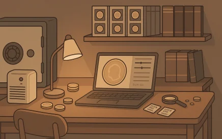 A cozy collector’s setup featuring a laptop, coin holders, and a dehumidifier.