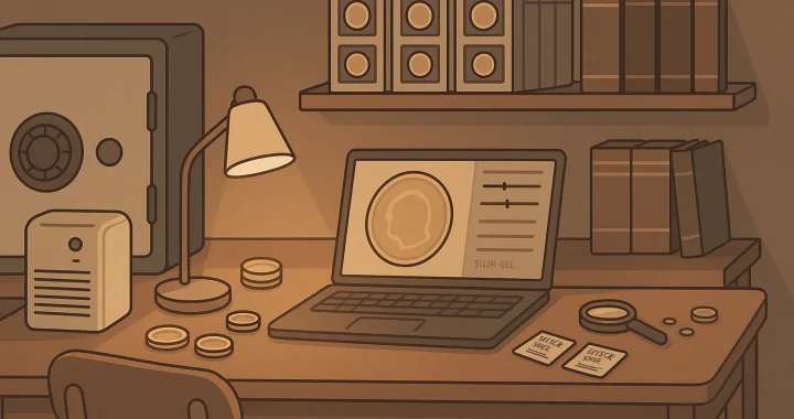 A cozy collector’s setup featuring a laptop, coin holders, and a dehumidifier.